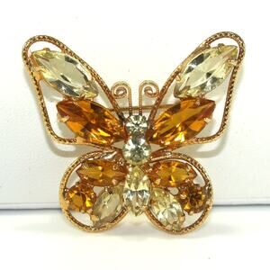Vintage Topaz Champagne Rhinestone Butterfly Brooch Gold Tone 1960s